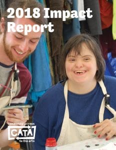 Cover image of CATA's 2018 Impact Report, showing CATA artist Sarah Vannah working with Zach Van Wort in the CATAdirect Crafts Cooperative.
