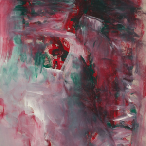 Abstract painting, dark colors, green, white, red, and pink