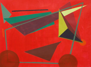Red background, dark red, green, and yellow geometric shapes connected by a trapezoidal line.