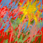 Blue, pink, green, and yellow brush-strokes on a red background