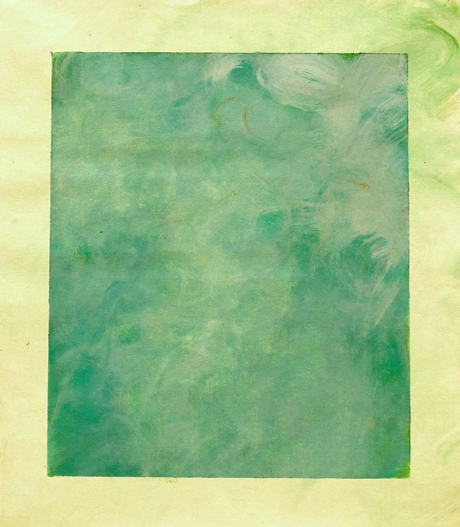 Green monochrome painting with yellow border