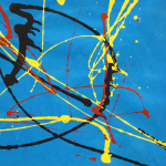 Painting: Red, black and yellow splatter on a blue background.