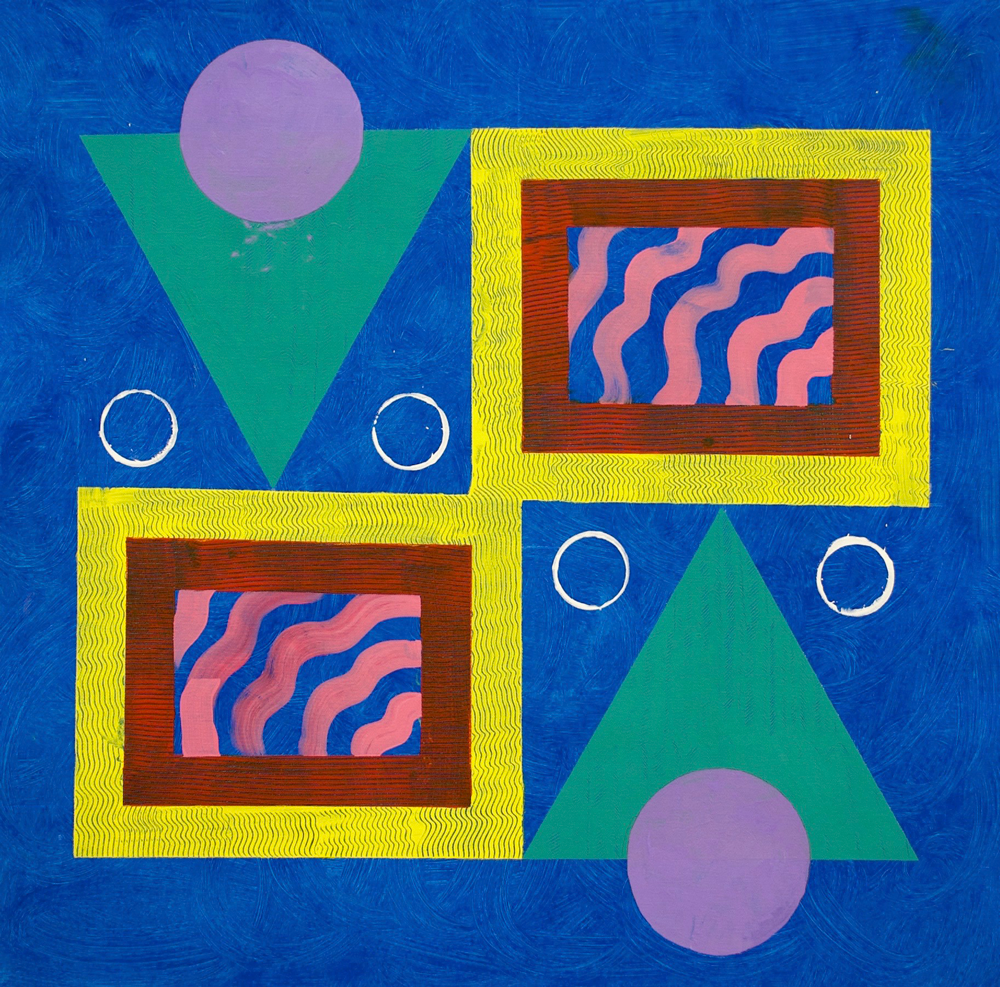 Painting: Mirrored design of two bright pastel triangles, two squares, and multiple circles on a blue background.