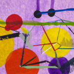 Painting: Purple, yellow, orange, and green connected lines and circles on a cloudy purple background.