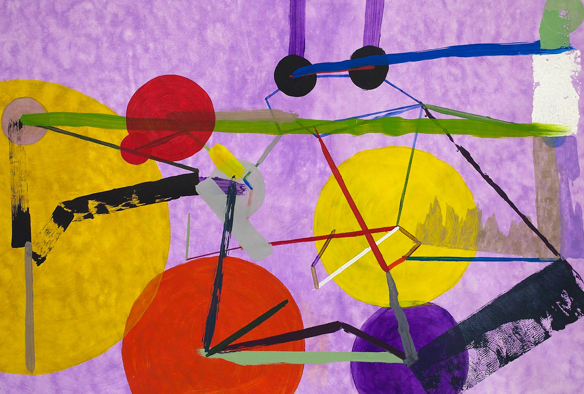 Painting: Purple, yellow, orange, and green connected lines and circles on a cloudy purple background.