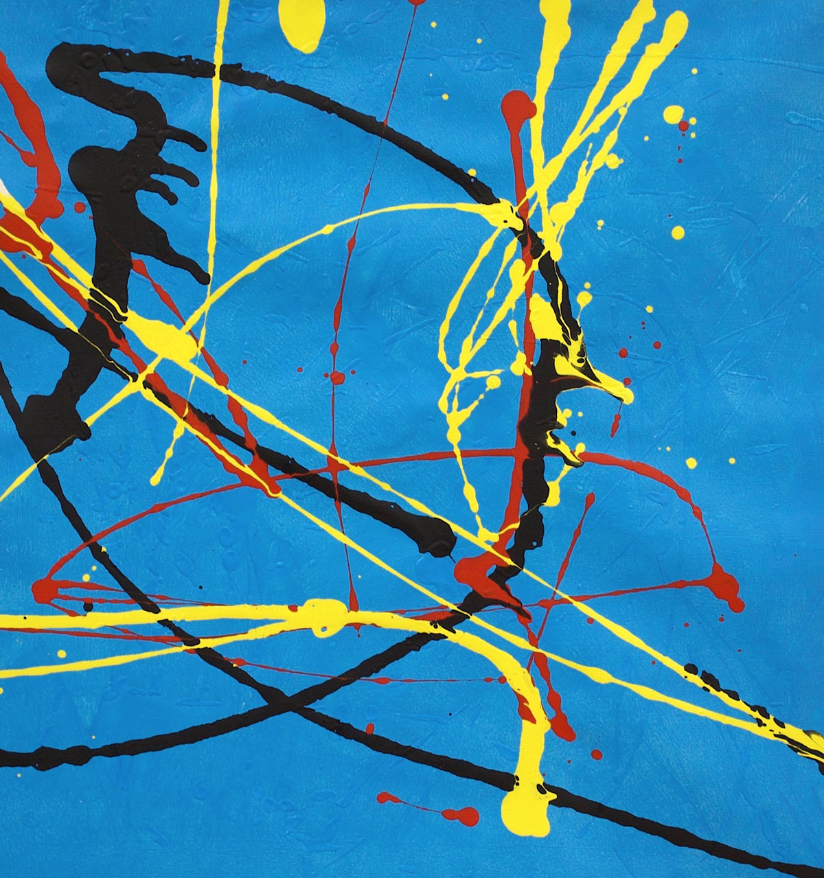 Painting: Red, black and yellow splatter on a blue background.