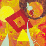 Painting: Solid red background with a thin layer of yellow, layered with red, yellow, and light green splatter on top.