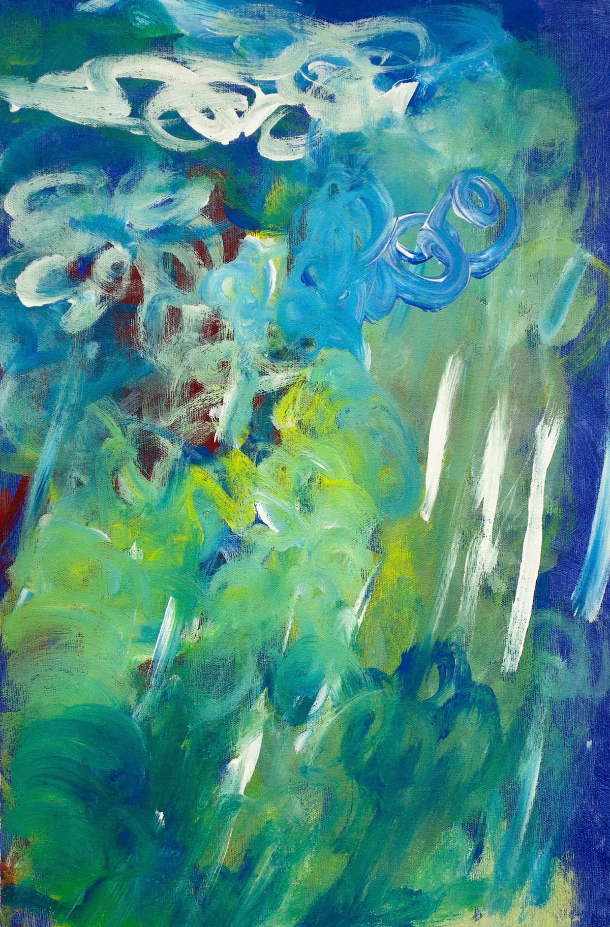 Painting: Shades of blue, green, and white swirl together to create a representation of misty rain.