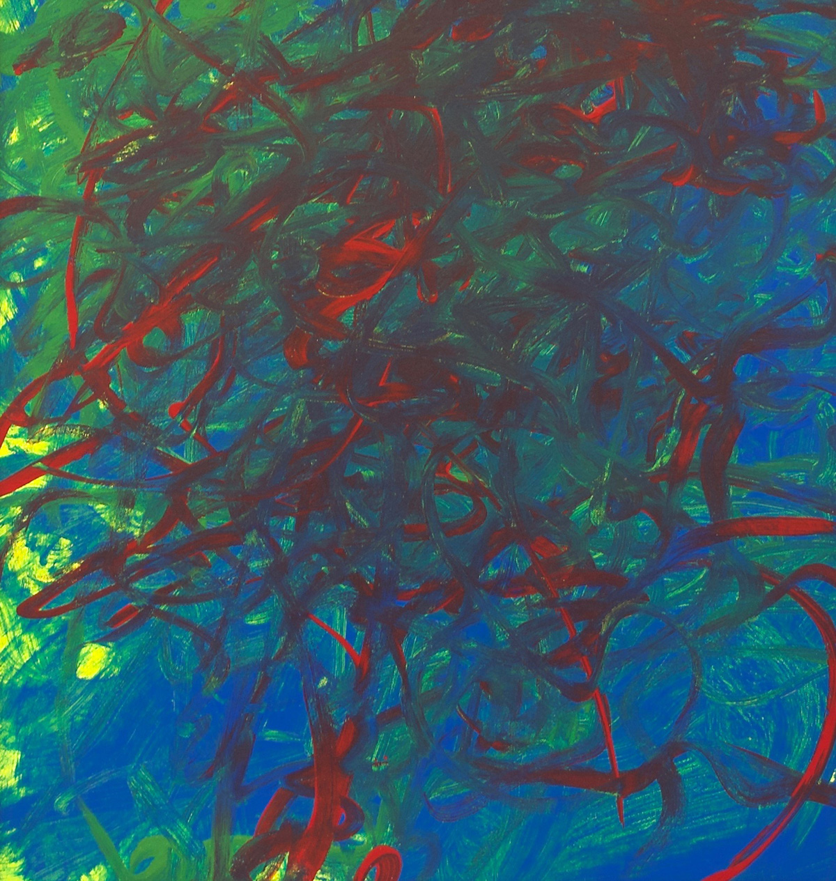 Painting: Deep red thin brushstrokes blended into a green and blue background.