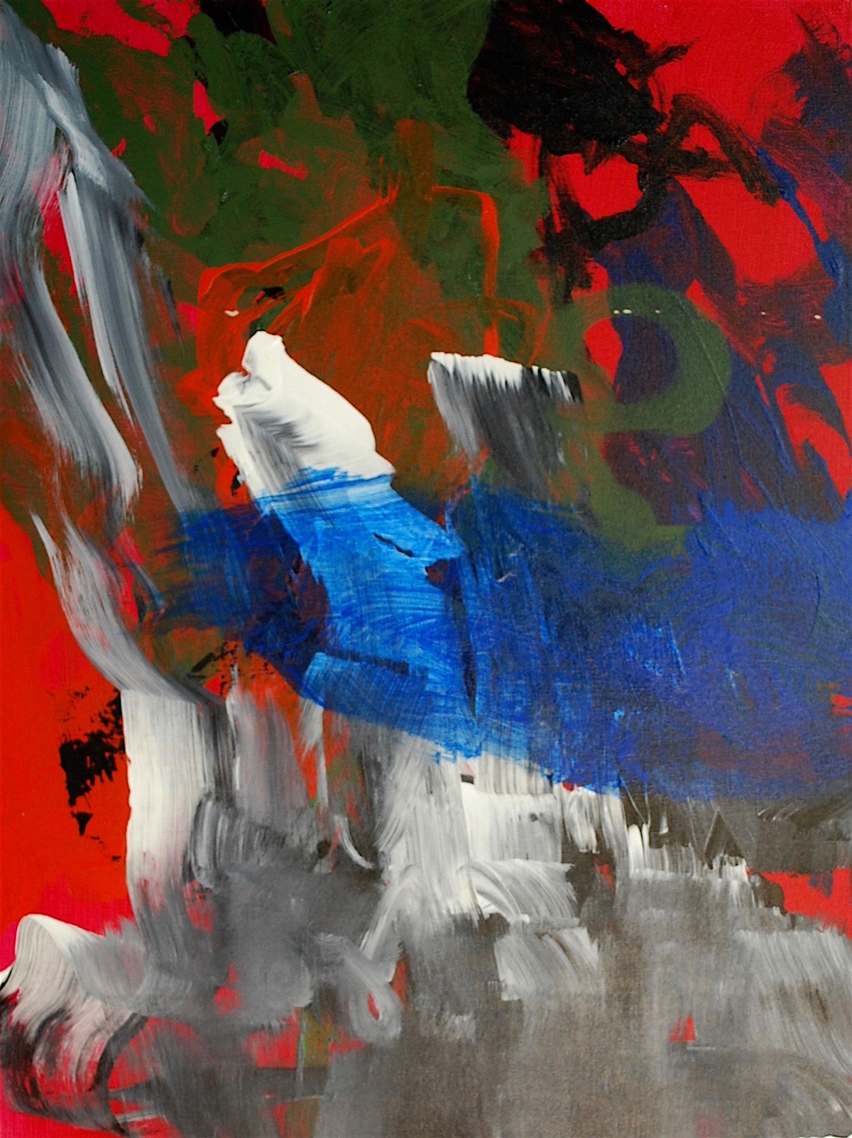 Painting: Large grey, white, blue, green, and black strokes on a red background.