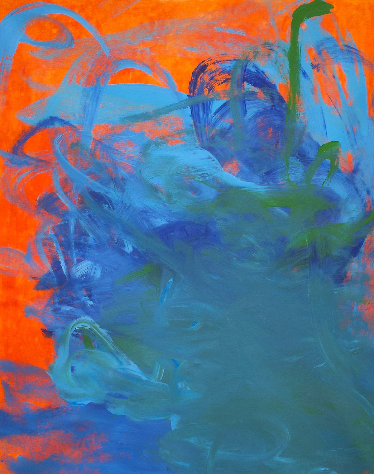 Orange background with a concentration of blue-green brushstrokes moving out from the bottom right of the canvas.