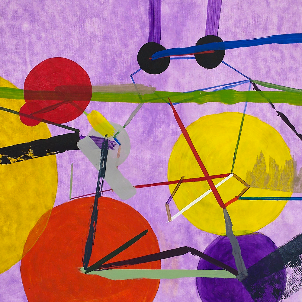 Painting: purple background, several colorful circles (red, yellow, purple, black) connected by colorful lines (green, red, white, blue).
