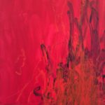 Painting: Blue, vertical brush strokes under a layer of translucent red.
