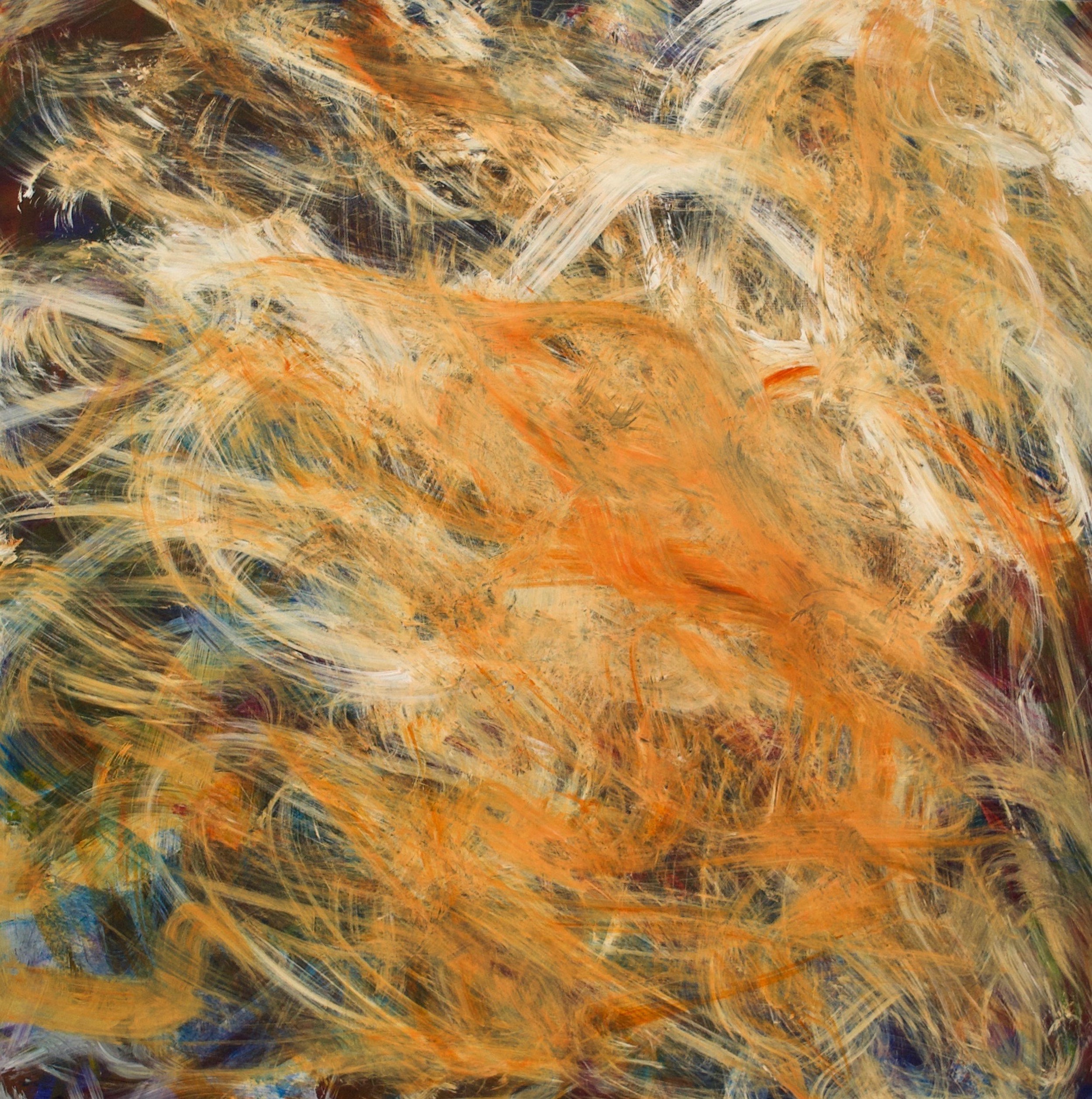 Feathery orange and tan brush strokes on a dark background.