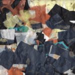 An abstract paper collage of black, yellow, dark blue, orange, and white.