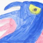 A close-up watercolor painting of a pink and blue bird with a yellow eye.