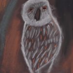 A pastel drawing of a white owl with swatches of light brown on dark brown paper.