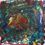 A large abstract painting with dark intricate swirls of red, green, yellow, and blue.