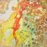 An abstract acrylic painting depicting swirls of white, green, orange, and bright yellow.