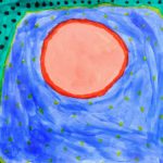 A painting of a pink circle on a blue background surrounded by a turquoise and black polkadot border.