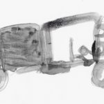 A drawing of a truck filled in with watercolor shades of grey on a white background.