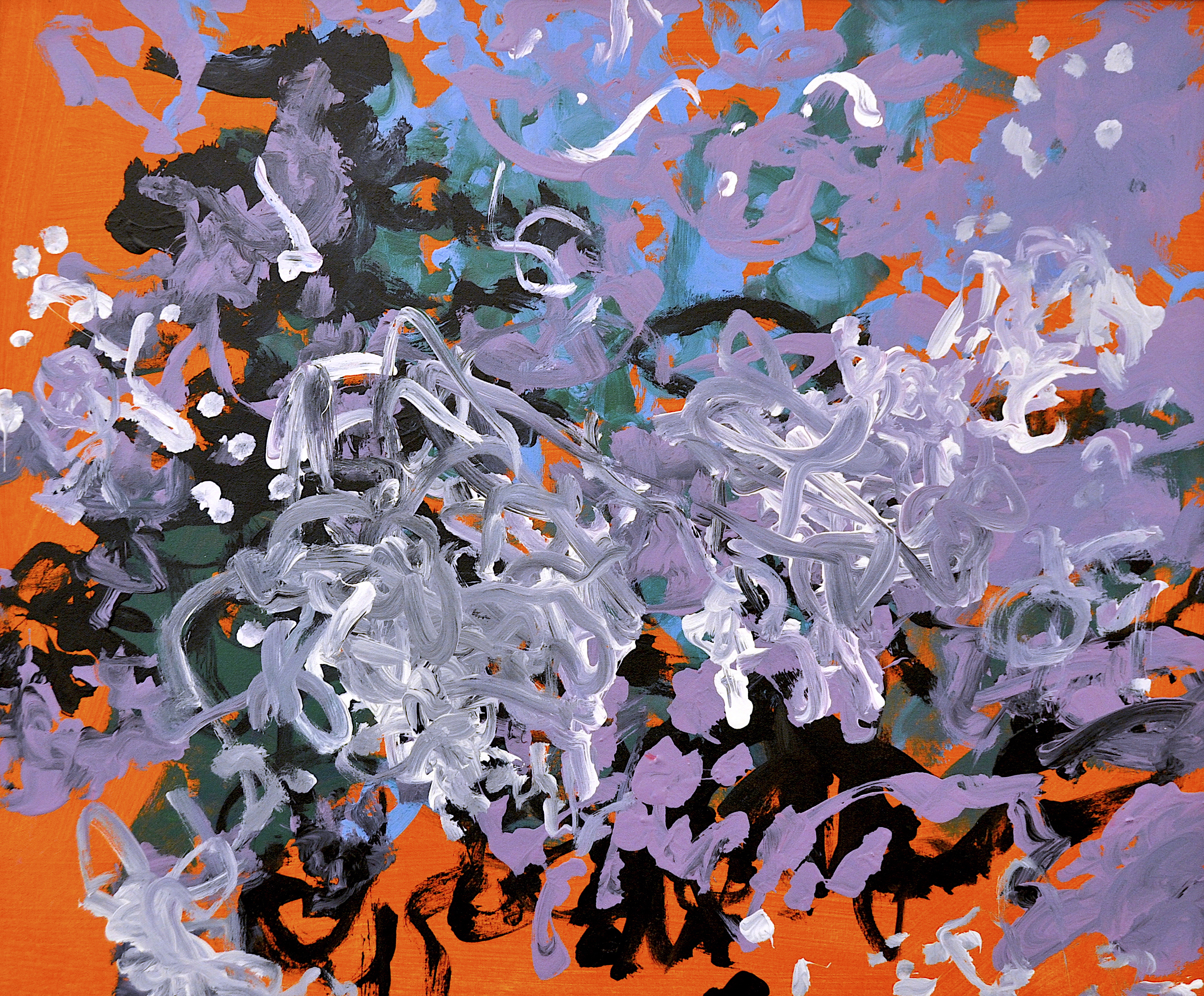 A flurry of layered black, purple, then white brush strokes over a solid orange background.