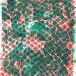 A green and red relief print of a plant behind a mesh texture.