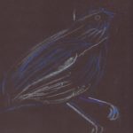 A light pastel drawing of a blue bird on a dark brown background.