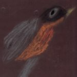 A light pastel drawing of a robin in flight on a dark brown background.