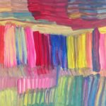 A vibrant painting of vertical and horizontal rainbow stripes.