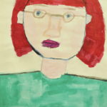 An acrylic portrait of a woman with glasses, red hair, and a turquoise shirt.