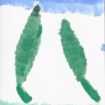 A painting of two leaves on a patch of grass with a thin blue sky.