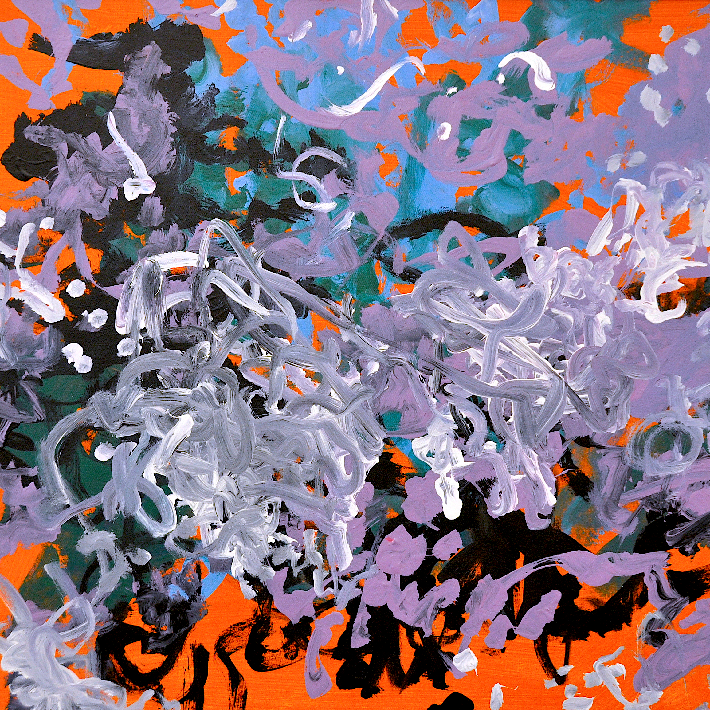 Abstract painting with a flurry of layered black, purple, then white brush strokes over a solid orange background.