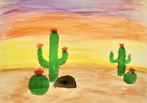 Image: A painting of cacti in a desert landscape at sundown