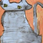 Alt Text: Painted Gray cat with yellow eyes and long tail going straight-up sits on the page-filling it vertically. The background paint is a light orange.