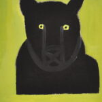 Alt Text: Portrait of the chest and head of a black bear with green eyes facing the viewer. On a background of olive green. Bottom left corner has the signature of the artist.