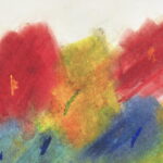Abstract piece with multi-color chalk pastel on light tan background. Chalk pastel of red, yellow, blue , green.