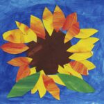 Paper collage and painted sunflower with brown circle center, yellow and orange petals, and two green leaves at the bottom. Medium-blue painted background.