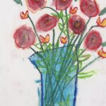 Chalk pastel drawing of flower bouquet in a vase. Vase is light blue and in the shape of a vertical rectangle. Stems are dark green with light green leaves. Two different flower types fill the vase: the first is red buds in circular shapes and the second is small pointed yellow buds with a red outline. Alt Text: Chalk pastel drawing of flower bouquet in a vase. Vase is light blue and in the shape of a vertical rectangle. Stems are dark green with light green leaves. Two different flower types fill the vase: the first is red buds in circular shapes and the second is small pointed yellow buds with a red outline. Background is white paper.