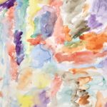 Abstract watercolor of light-colored watercolor brushstrokes on white background. Colors included are red, orange, yellow, purple, black, green, and blue.