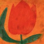 Chalk-pastel drawing of a red tulip in center of page. Tulip has a dark-green stem and two leaves at the bottom-one of which curls up to the top of the tulip. Background is bright orange.