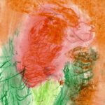 Chalk pastel abstract drawing with orange, dark-green, light-green surrounding a red center.