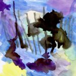 Abstract watercolor painting with various colors: light purple, dark purple, yellow, green, black and medium-blue.