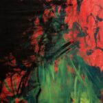 Abstract Painting with red background. Brush strokes of black, light green and forest green layered on top.