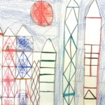 Drawing of city buildings horizontal across the page. Each building is a long rectangle with an equilateral triangle on top. Various and differing geometric patterns in each building- pencil drawn in red, dark-green, light-green, blue, brown or orange. Background is blue sky.