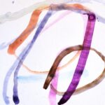 Abstract watercolor painting with various brushstrokes of purple, brown, indigo, orange, blue and pink on a white background.