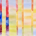 Abstract piece with bright paint strokes of blue, orange, yellow, light-green, pink and purple in the background. Layered on top are 6 vertical strips of paper of various widths in a horizontal line across the page. The strips of paper are parallel to each other and painted in soft yellow, green, blue, orange, pink and white.