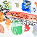 Mixed-media watercolor painting with black sharpie outlining of abstract shapes and circles on a white background. Colors are bright-green, red, orange, blue, and gray.