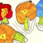 Four tissue paper flowers with sharpie outlines on a white background. Two orange flowers, one light-blue flower, and one red flower. Each have a lime-green tissue-paper stem and a yellow tissue-paper center.