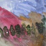 Abstract Landscape painting with brown and red brushstrokes vertically from bottom to center of the page. A horizontal row of dark-green trees across center of the page. Blue sky at top of the page. White paint markings scattered across the piece.